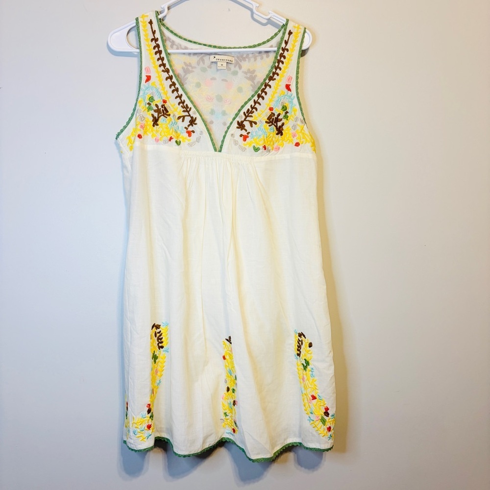 Forever 21 White Embroidered V-Neck Summer Dress with Yellow & Green Accents